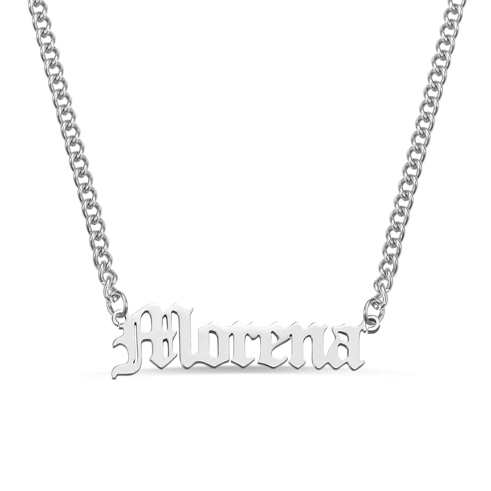Old English Font Name Plate Necklace Personalized with Cuban Chain