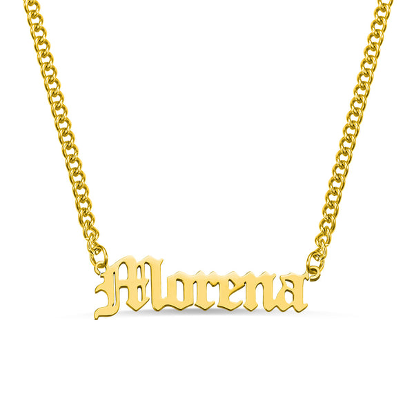 Old English Font Name Plate Necklace Personalized with Cuban Chain