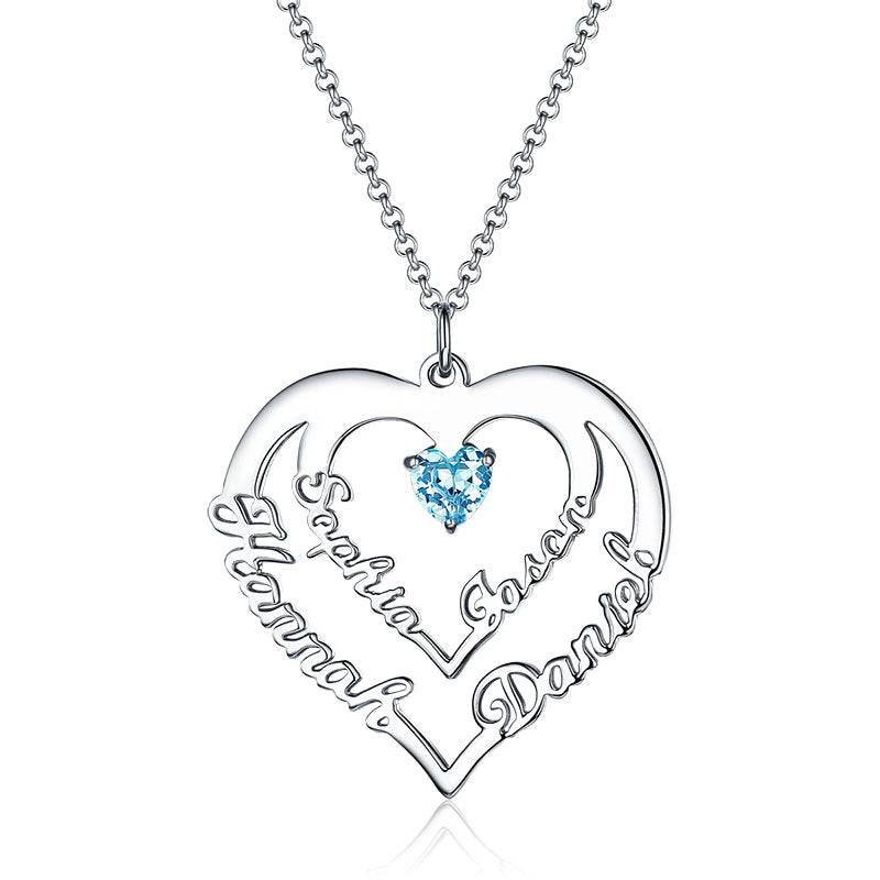 Heart Necklace with 4 Names & Birthstone in Gold