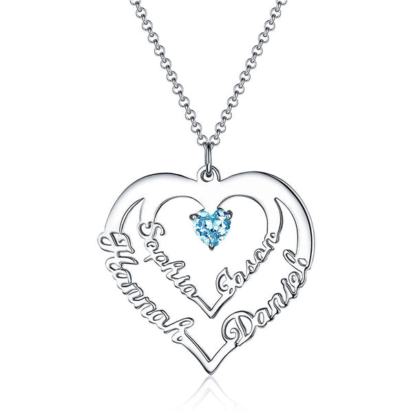 Heart Necklace with 4 Names & Birthstone in Gold