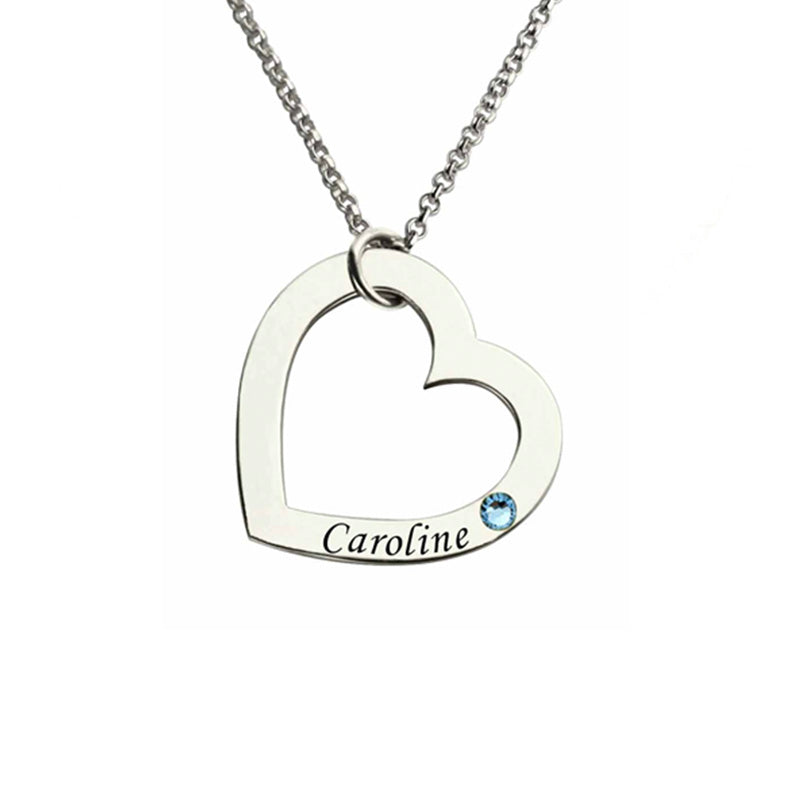 Name Heart Necklace Personalized with Birthstone in Silver