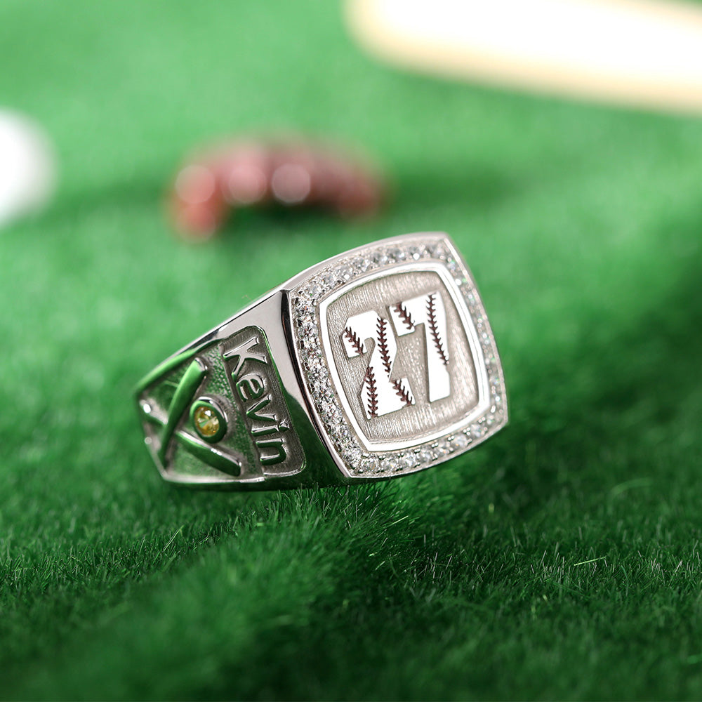 Baseball Texture Signet Ring Engraved with Birthstone
