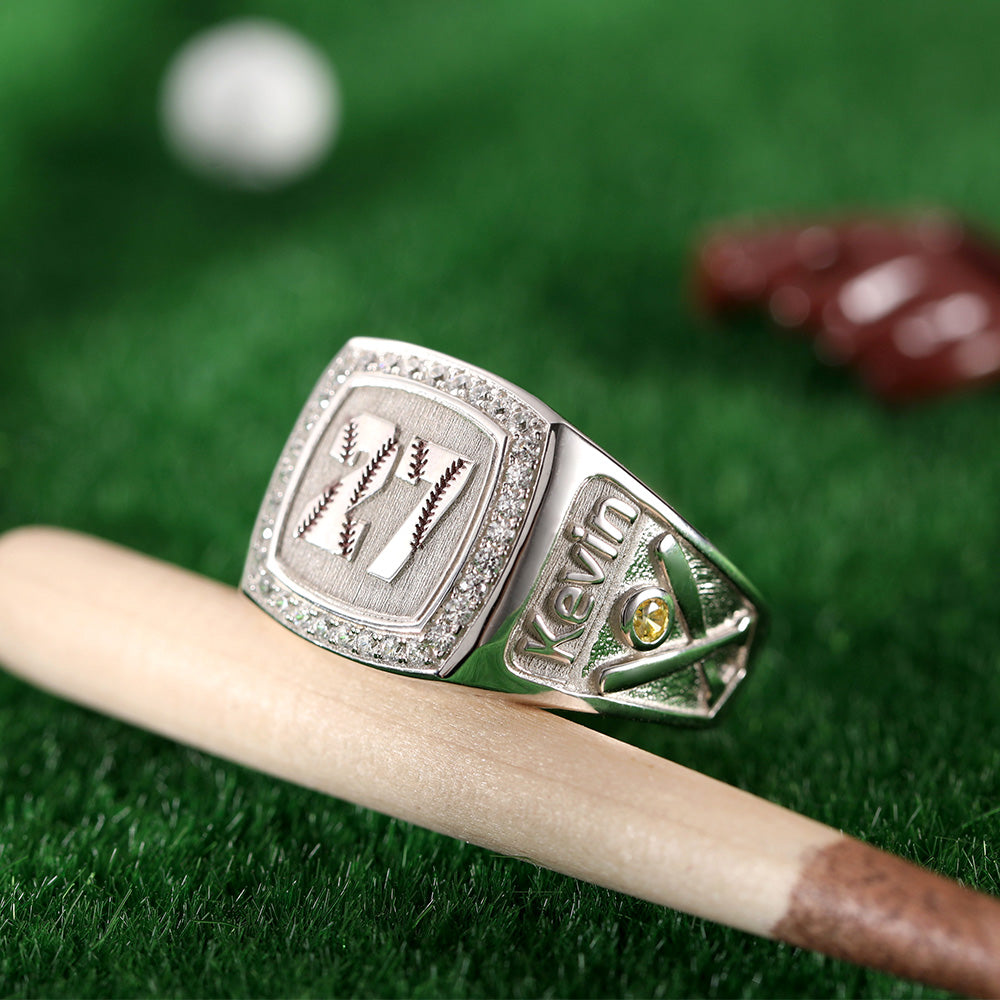 Baseball Texture Signet Ring Engraved with Birthstone