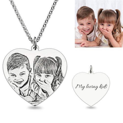 Heart Shaped Photo Engraved Pendant Necklace Sterling Silver