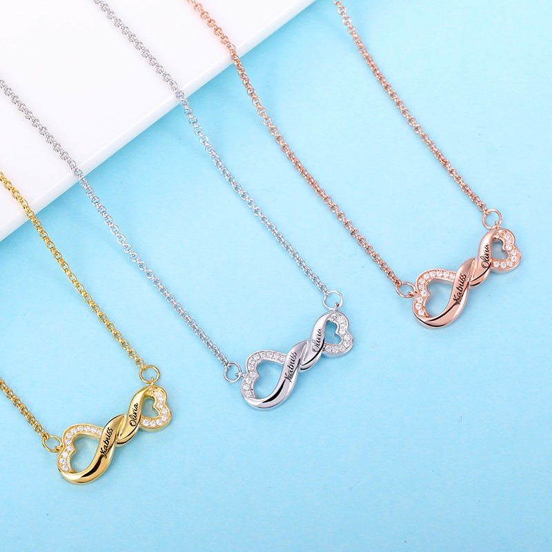 Infinity Double Heart Name Necklace for Her in Silver Engraved
