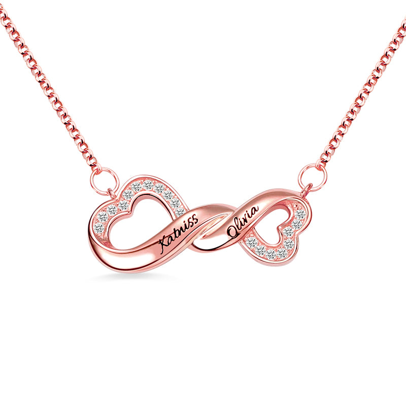 Infinity Double Heart Name Necklace for Her in Silver Engraved
