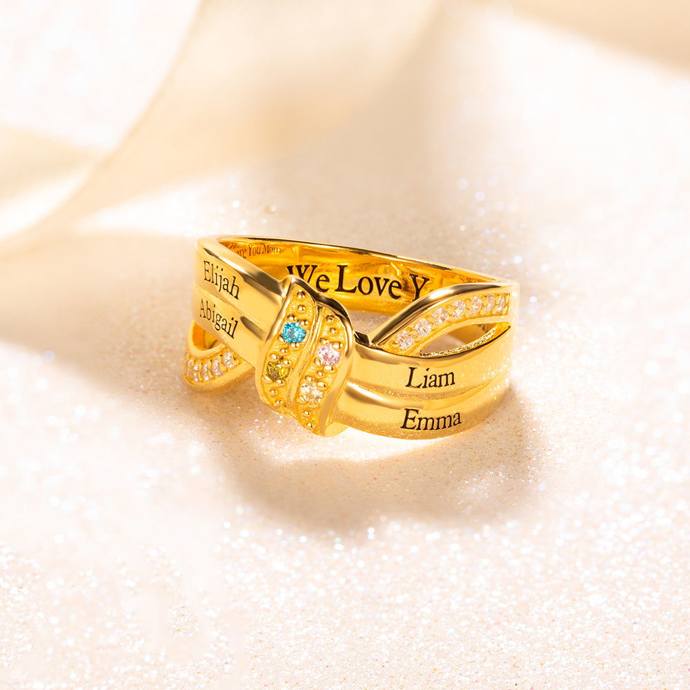 Eternal Love Ribbon Ring 4 Names Engraved Birthstone