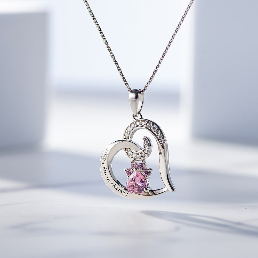 Always in My Heart Paw Print Birthstone Memorial Necklace Engraved