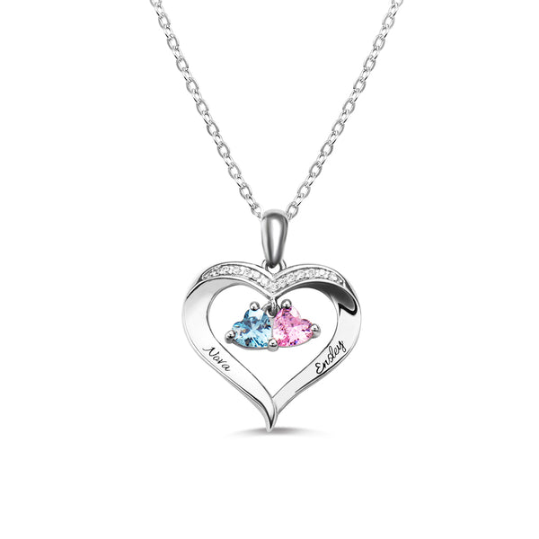 2 Heart Birthstones Necklace with Engraving in Silver Personalized
