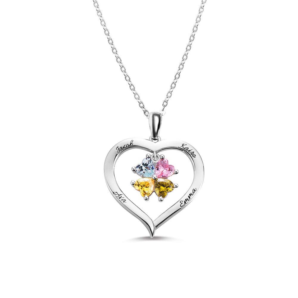 4 Heart Birthstones Necklace with Engraving in Silver Personalized