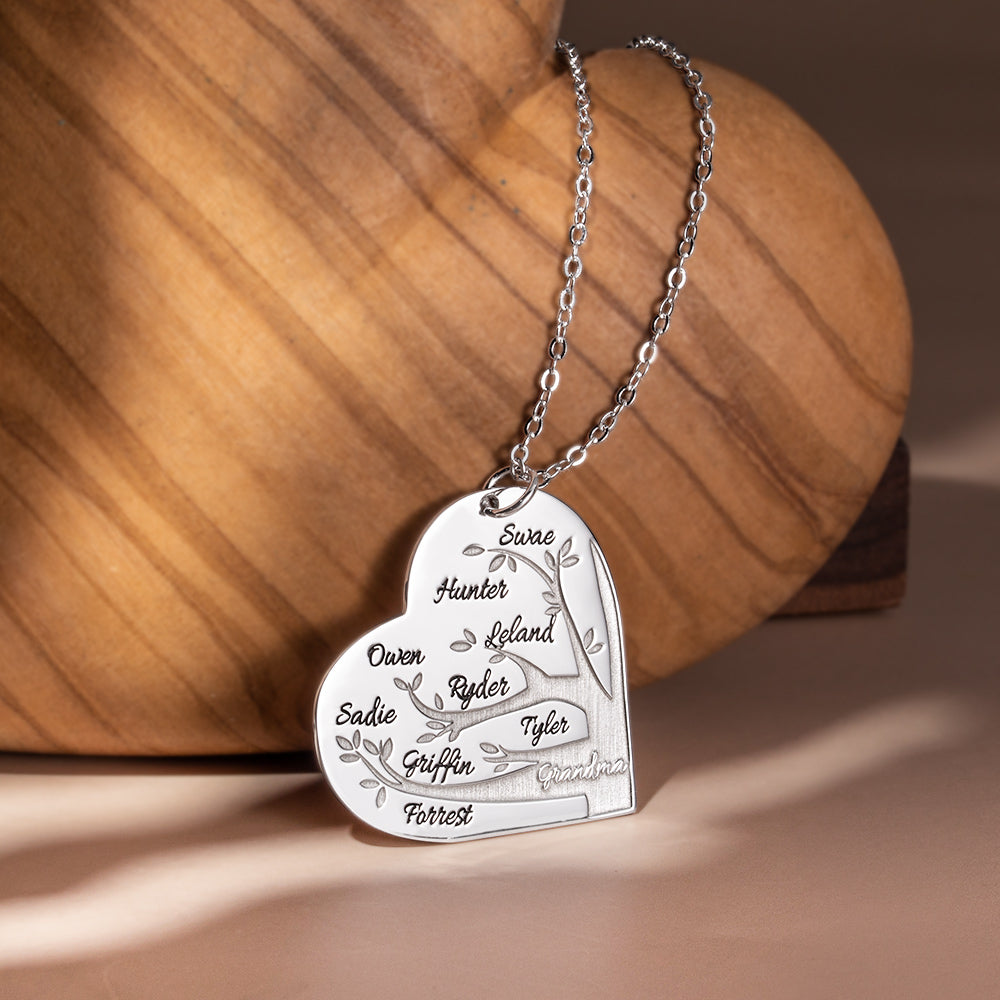 Heart Family Tree Necklace Sterling Silver Personalized 1-12 Names
