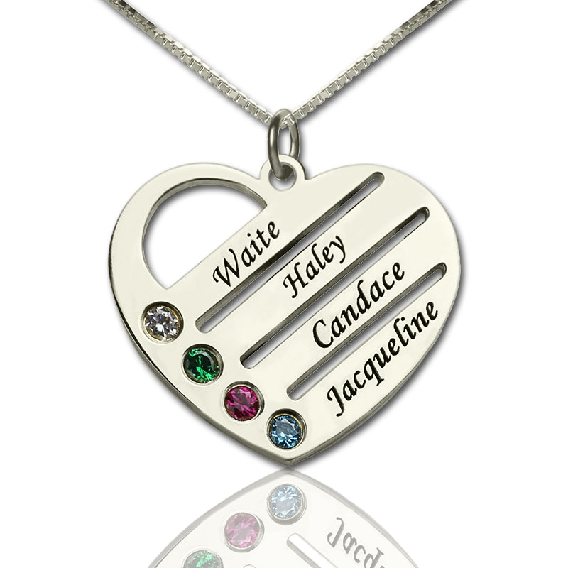 Mother's Heart Necklace with 4 Birthstones & Names Personalized