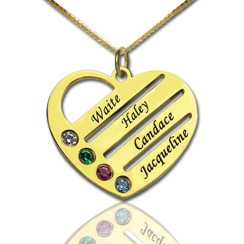 Mother's Heart Necklace with 4 Birthstones & Names Personalized