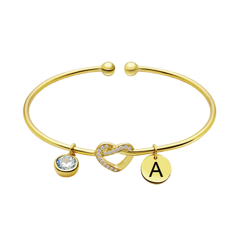 Heart Bangle with Birthstone in Silver Engraved