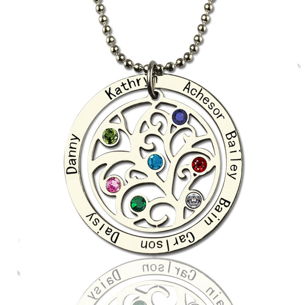 Circle Family Tree Birthstone Necklace  7 Names Personalized