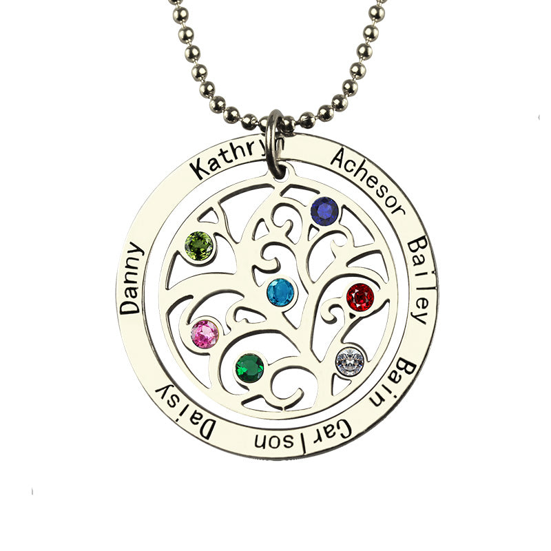 Circle Family Tree Birthstone Necklace  7 Names Personalized