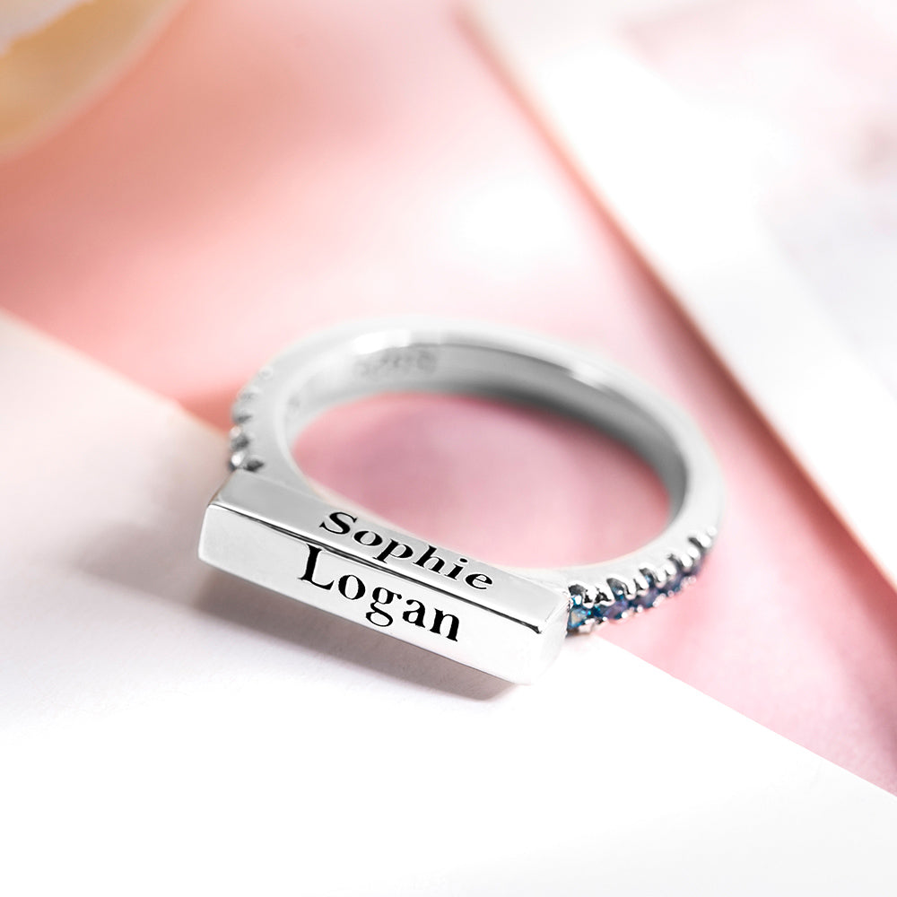Stackable Bar Ring Engraved In Silver with Birthstones
