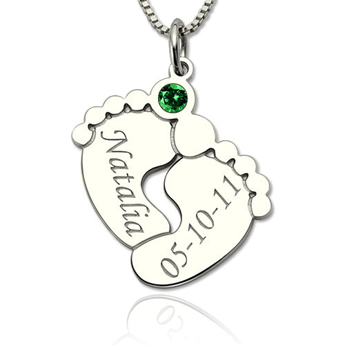 Baby Feet Necklace Engraved Personalized Birthstone