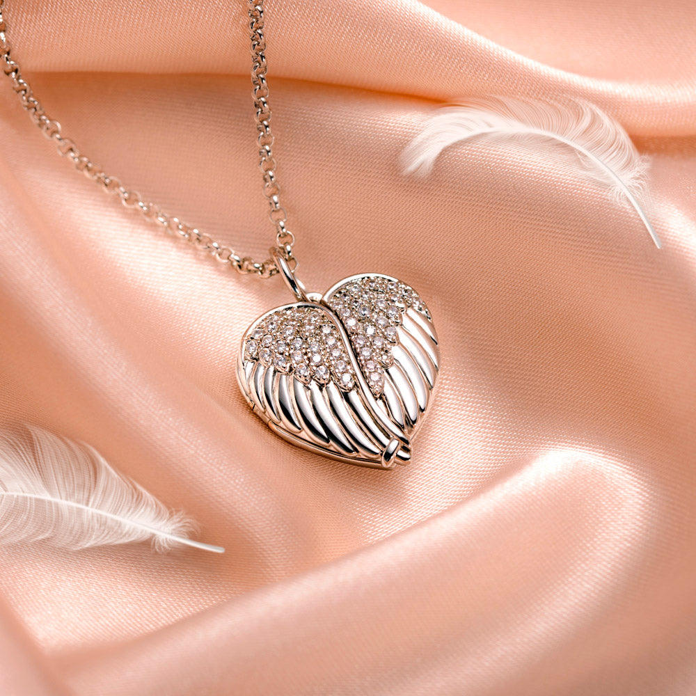 Angel Wings Heart Photo Locket Necklace Sterling Silver Personalized
