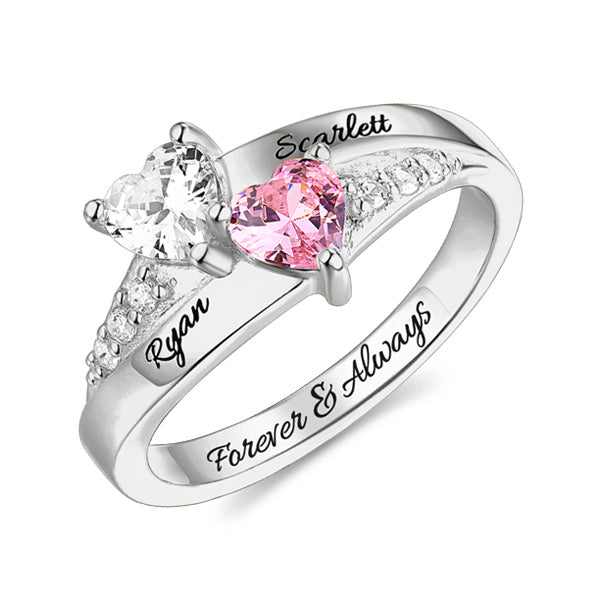 Double Heart Birthstone Ring Personalized With Rose Box