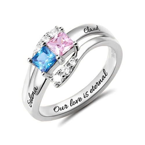 Love's Promise Ring Two Birthstones Engraved 925 Sterling Silver