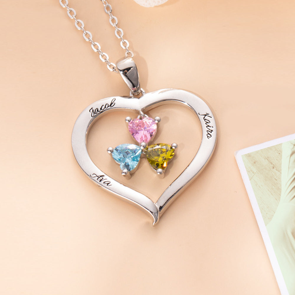 3 Heart Birthstones Necklace with Engraving in Silver Personalized