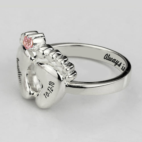 Baby Feet Ring with Birthstone Engraved