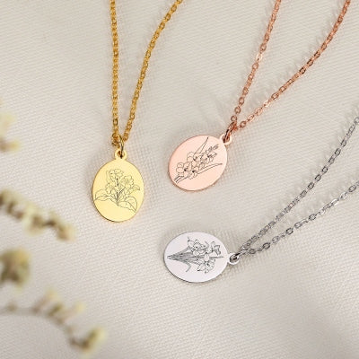 Birth Flower Necklace Personalized Engraved