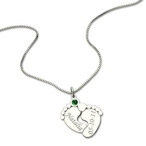 Baby Feet Necklace Engraved Personalized Birthstone