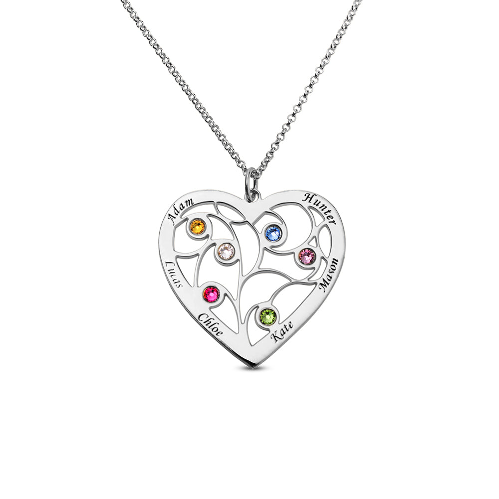 Heart Family Tree Necklace Engraved 925 Silver