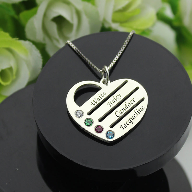 1-4 Names & Birthstones Heart Pendant Necklace Gift Set