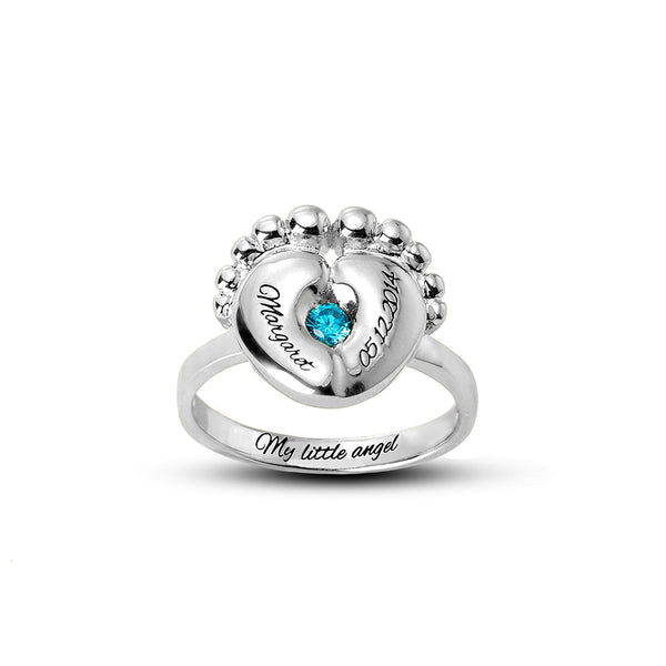 Baby Feet Birthstone Engraved Ring for New Moms