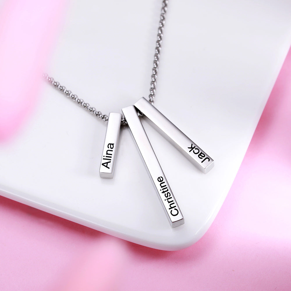 Triple 3D Vertical Bar Necklace Engraved Stainless Steel