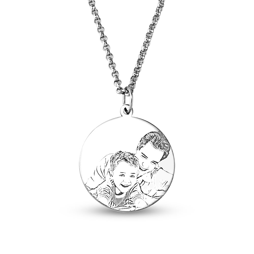 Photo Engraved Circle Pendant Necklace Stainless Steel