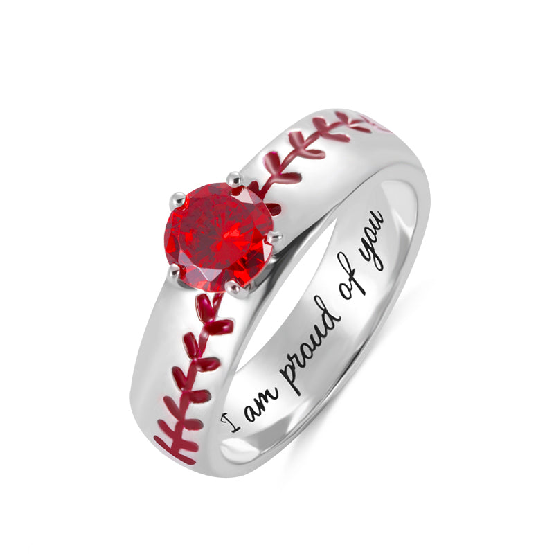 Baseball Solitaire Birthstone Ring Engraved