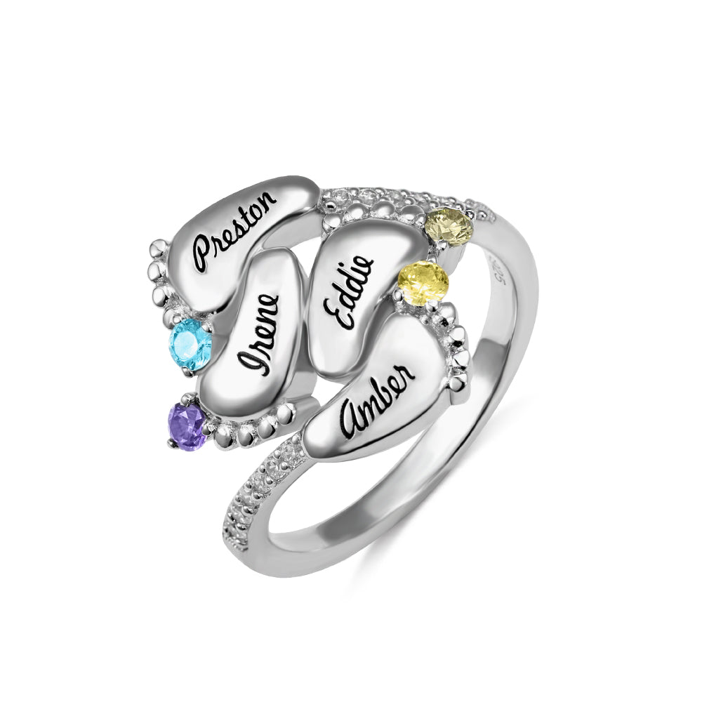 Baby Feet Birthstone Engraved Ring - 4 Baby Feet