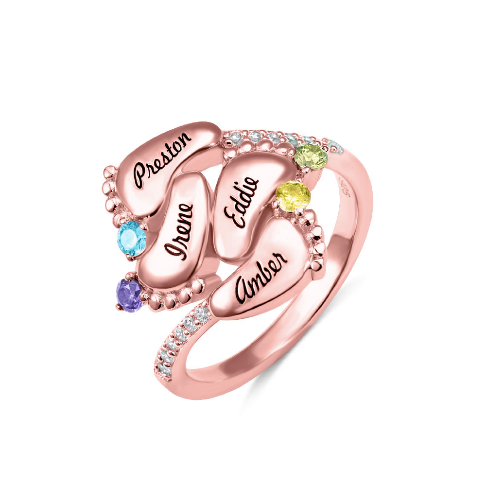 Baby Feet Birthstone Engraved Ring - 4 Baby Feet