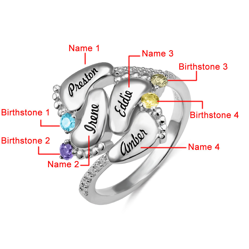 Baby Feet Birthstone Engraved Ring - 4 Baby Feet