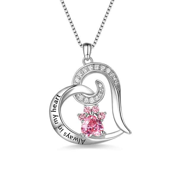 Always in My Heart Paw Print Birthstone Memorial Necklace Engraved