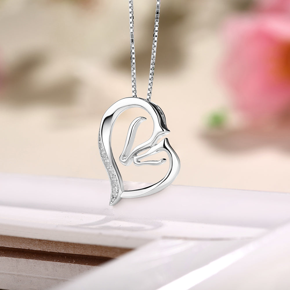 Girls Horse Necklace 925 Sterling Silver Heart Shaped Horse Cubic