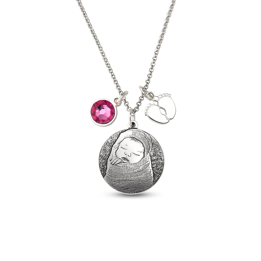 Baby Photo Engraved Necklace with Baby Feet Sterling Silver