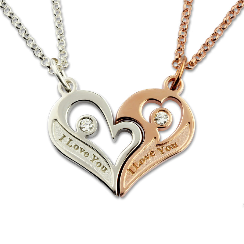 Couples Shared Heart Love Necklace Set with Birthstones