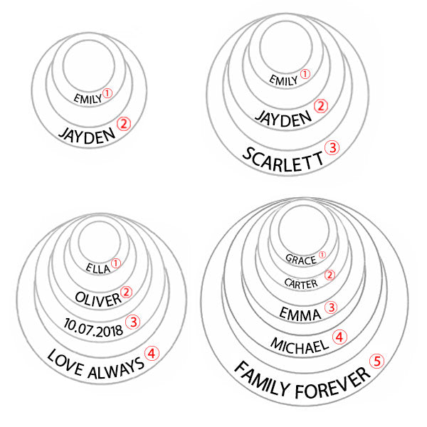 Family Stacked Circle Ring Necklace Engraved Size Chart