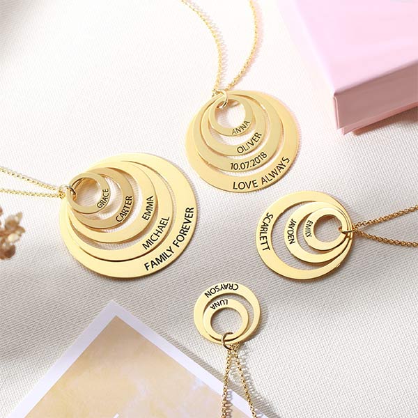 Family Stacked Circle Ring Necklace Engraved Gold