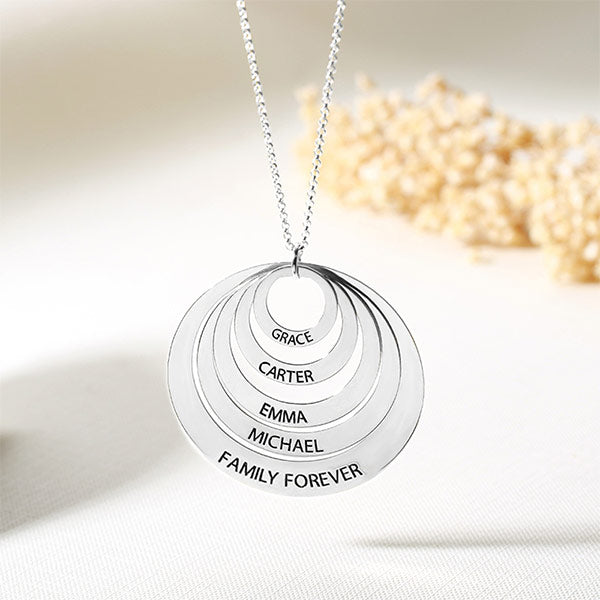 Family Stacked Circle Ring Necklace Engraved 925 Sterling Silver