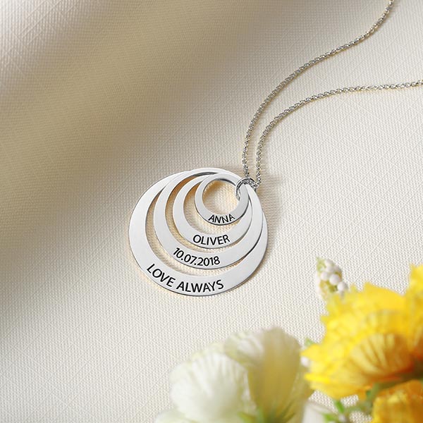 Family Stacked Circle Ring Necklace Engraved 925 Sterling Silver