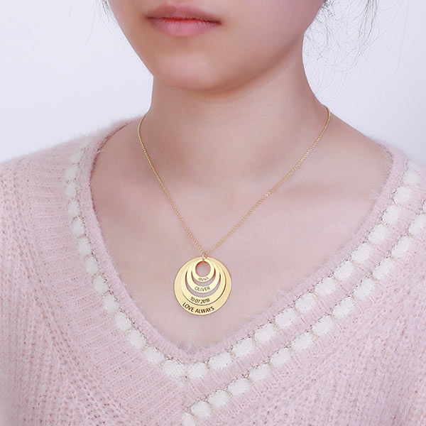 Family Stacked Circle Ring Necklace Engraved Gold