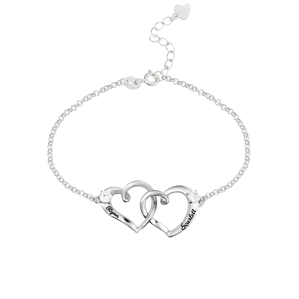 Double Heart Engraved Names Bracelet 925 Sterling Silver