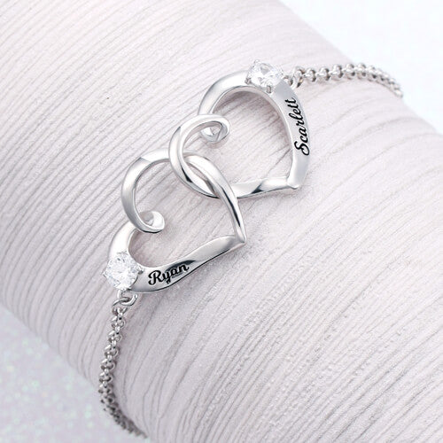 Double Heart Engraved Names Bracelet 925 Sterling Silver