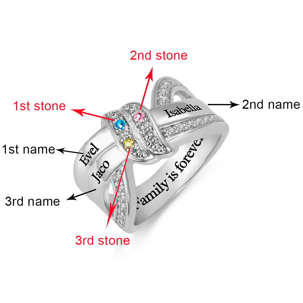 Eternal Love Ribbon Ring 3 Names Engraved Birthstone